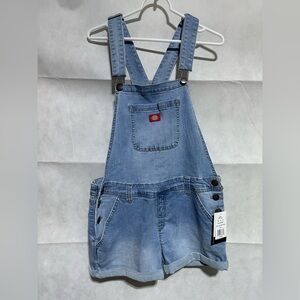 Dickies Shortall Juniors Blue Denim Overalls Women’s L Mid Rise Comfort Stretch